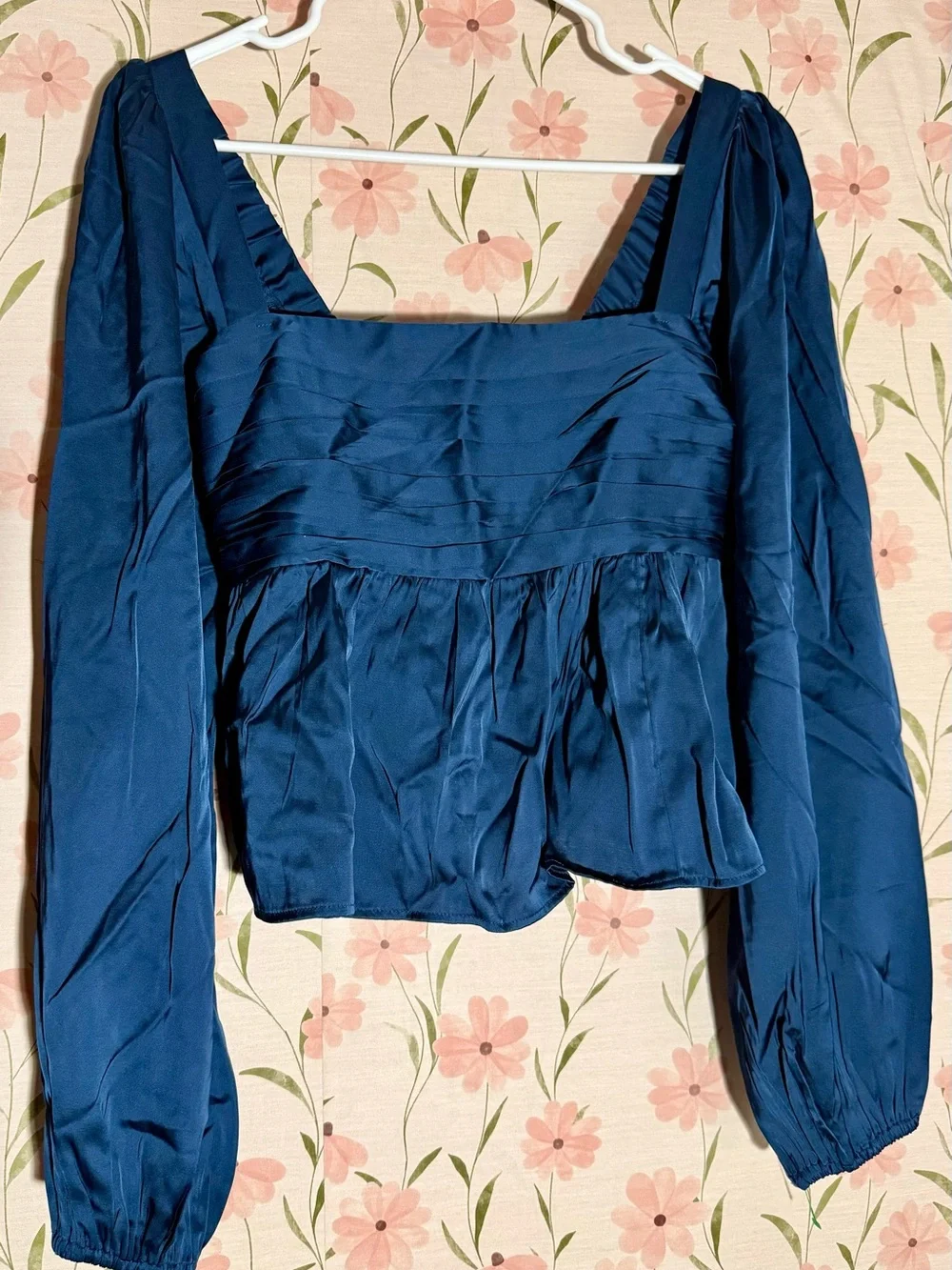Abercrombie & Fitch Navy Square Neck Satin Peplum Long-Sleeve Top
